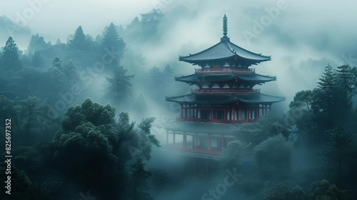 An ancient temple emerges from the mist in a remote mountain range, its origins shrouded in mystery photo