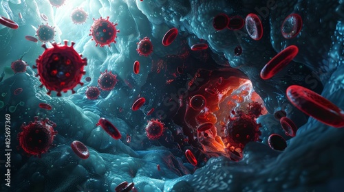 An abstract portrayal of a vaccine's journey through the bloodstream, hunting down virus particles hiding within cells photo