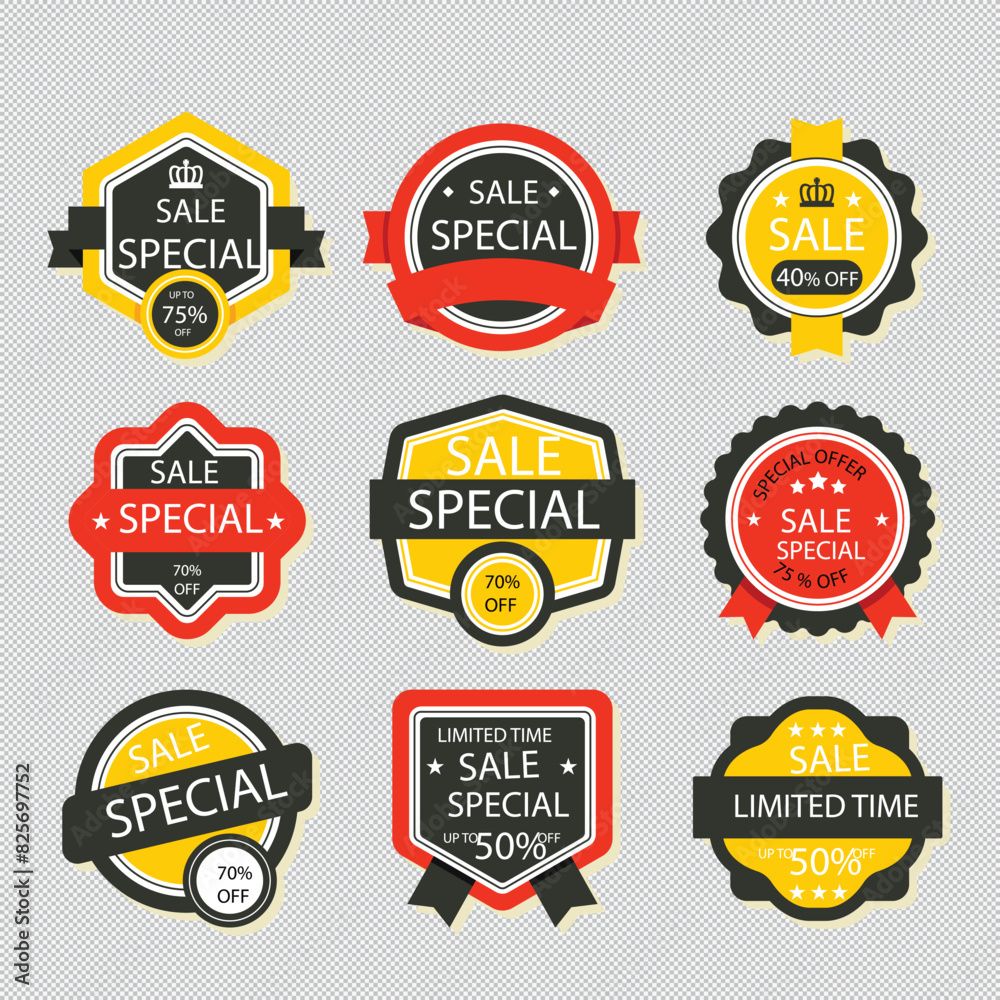 Set of vector red starburst, sunburst badges. Simple flat style vintage labels, stickers with sale discount text. Sale quality tags and labels. Template banner shopping badges Set of vector red starburst, sunburst badges. Simple flat style vintage labels, stickers with sale discount text. Sale quality tags and labels. Template banner shopping badges