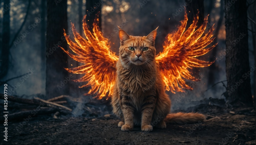 a brown cat with large, orange fire wings in front of trees