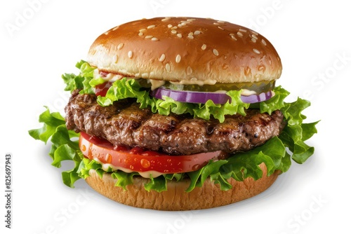 realistic grilled hamburger with vegetables isolated on a white background
