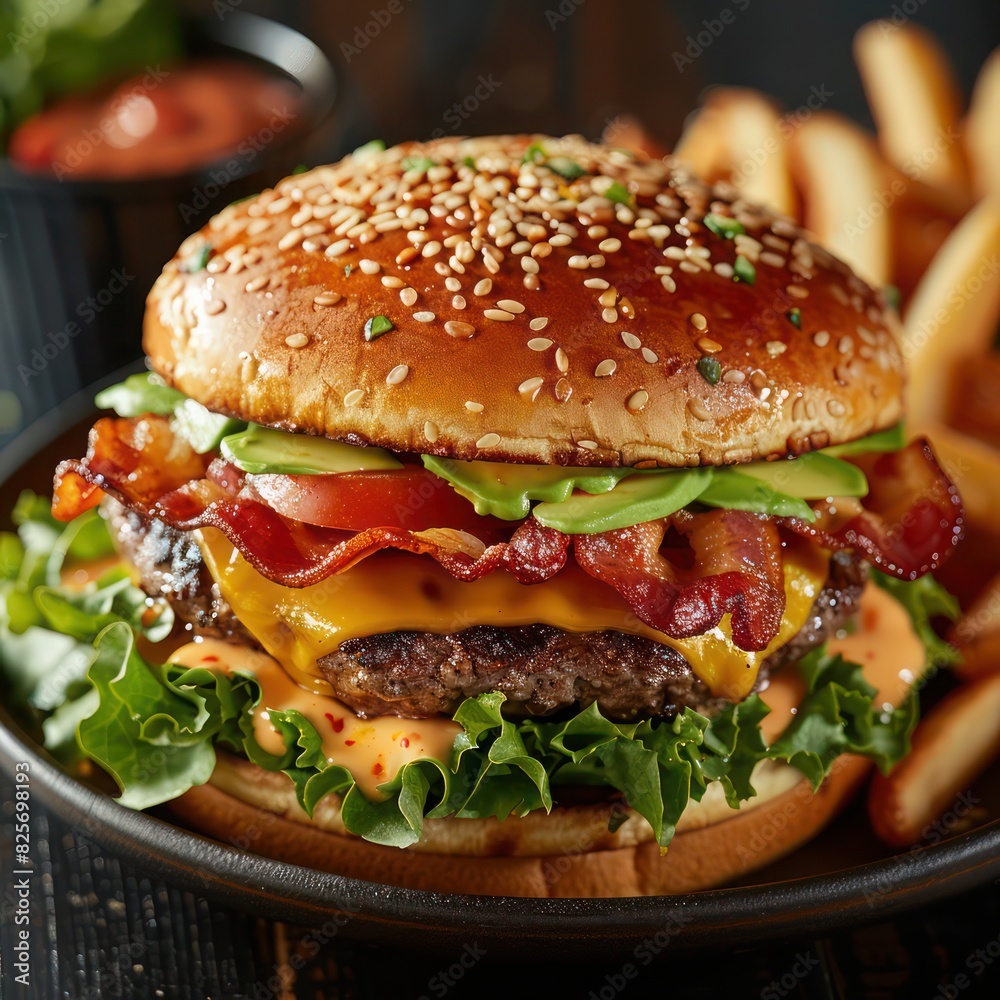 a juicy beef burger with bacon fillings, melted cheese, loaded with lettuce, tomatoes and slice avocados 