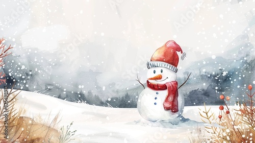 Snowman with red scarf on the snowfall watercolor background