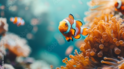Cute clownfish in undersea background