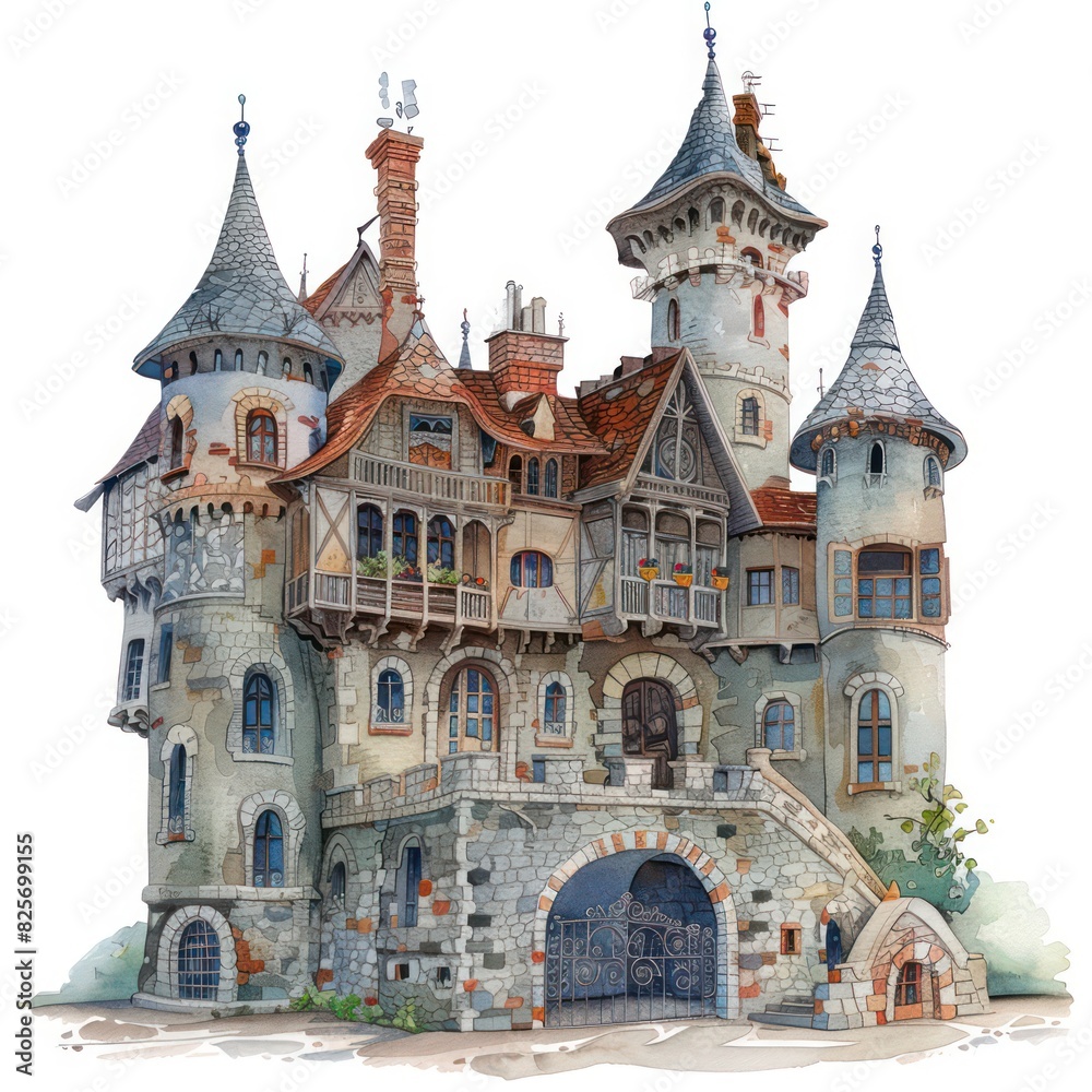 illustration of a watercolor painting of a victorian castle isolated on a white background 