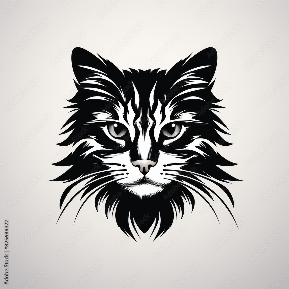 Logo design, Stencil art style, solid silhouette of a cat face, high contrast black and white, white background