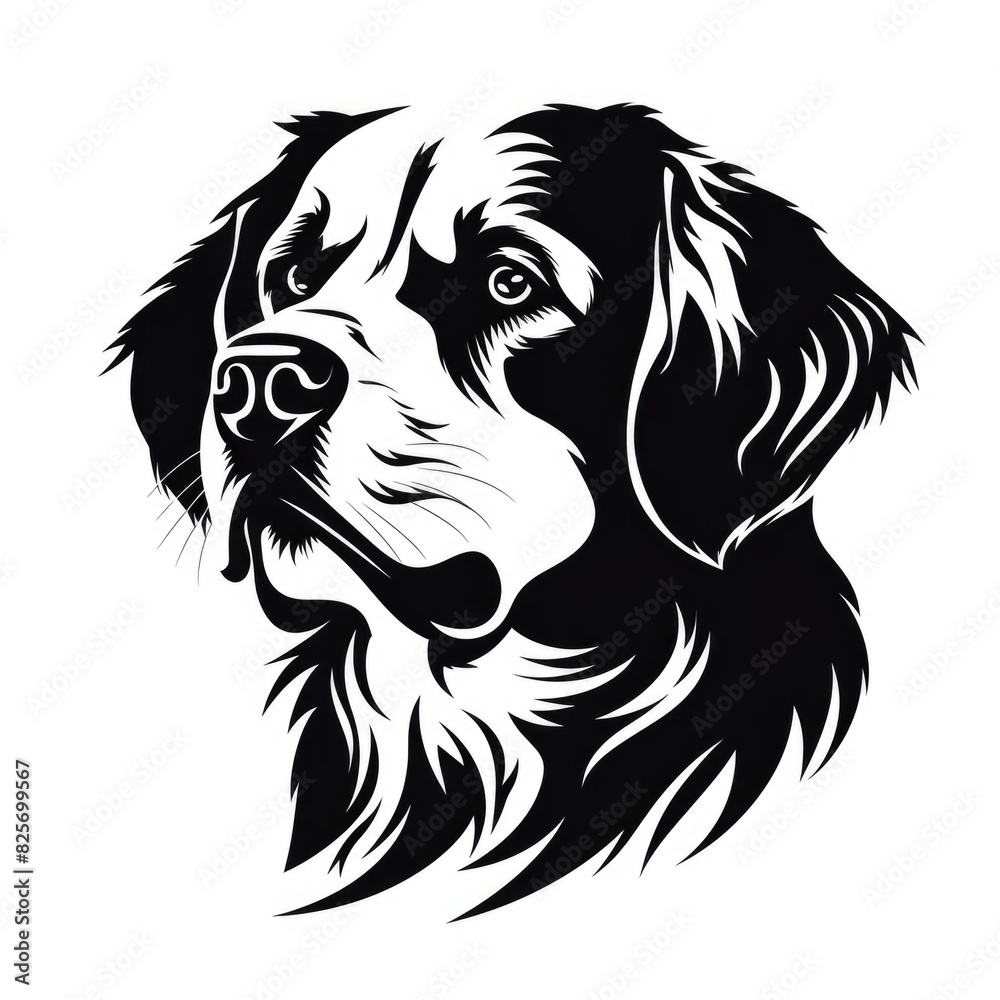 Logo design, Stencil art style, solid silhouette of a dog's face, high contrast black and white, white background Logo design, Stencil art style, solid silhouette of a dog's face, high contrast black and white, white background