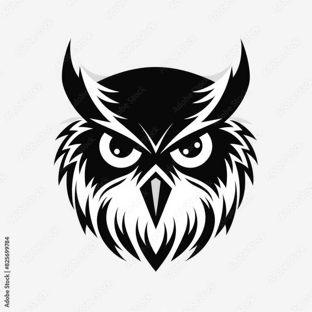 Logo design, Stencil art style, solid silhouette of a owl's face, high contrast black and white, white background