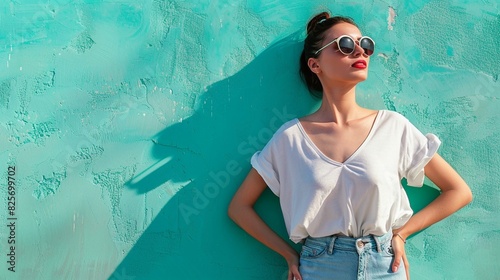 Woman in sunglasses on turquoise texture background with copy space