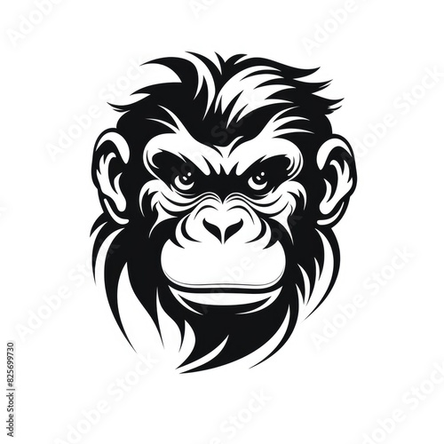 Logo design, Stencil art style, solid silhouette of a monkey face, high contrast black and white, white background