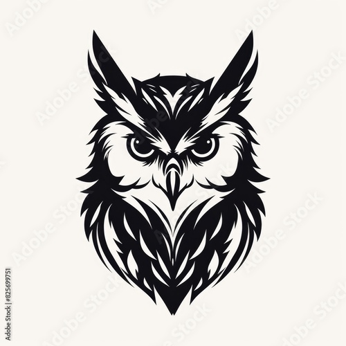 Logo design  Stencil art style  solid silhouette of a owl s face  high contrast black and white  white background