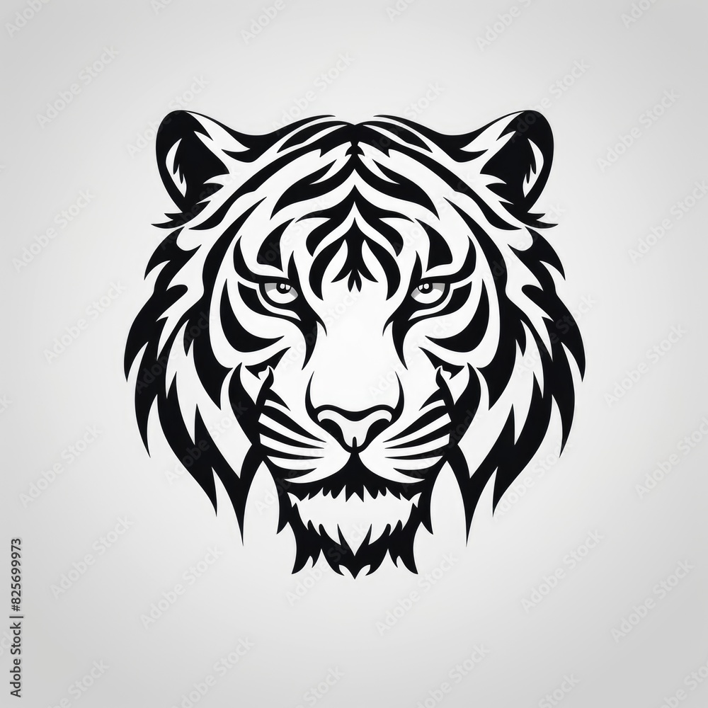 Logo design, Stencil art style, solid silhouette of a tiger's face, high contrast black and white, white background Logo design, Stencil art style, solid silhouette of a tiger's face, high contrast black and white, white background