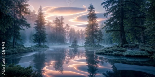 Quiet early morning in a mysterious forest with anomalous clouds in the sky photo