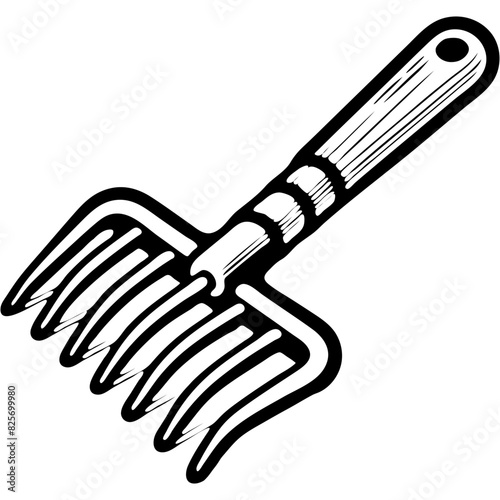 Small garden rake with wooden handle in monochrome. Farm garden tool for loosening soil. Simple minimalistic vector in black ink drawing on transparent background