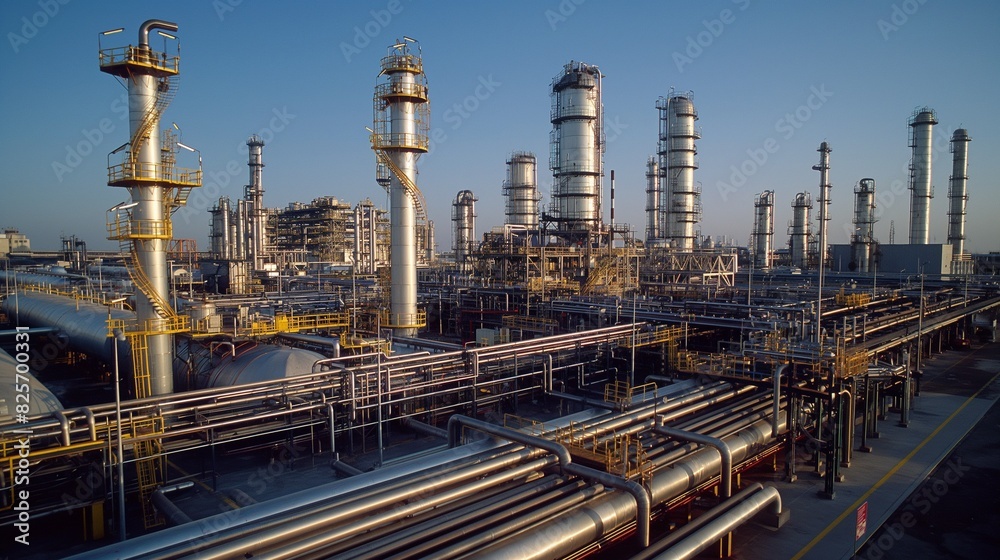 Expansive Petrochemical Factory with Distillation Columns and Storage Tanks, Industrial Piping Systems, and Vibrant Lighting – Ideal for Energy Production and Manufacturing Themes