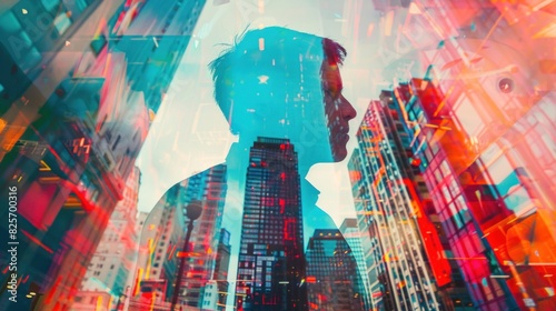A double exposure photo collage featuring a businesswoman and skyscraper buildings adorned with colorful graphic elements. photo
