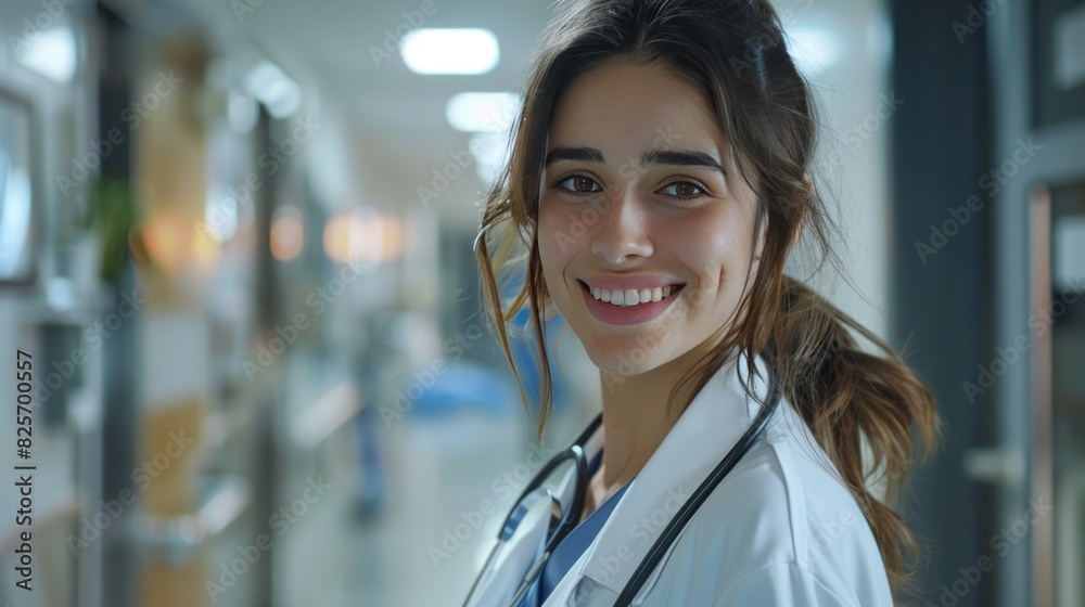 A smiling female doctor, wearing a stethoscope, captured in a hospital setting. A smiling female doctor, wearing a stethoscope, captured in a hospital setting.