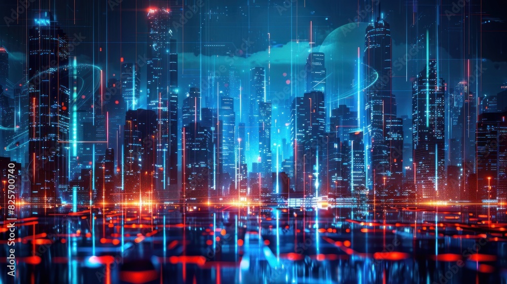 Panoramic urban architecture, cityscape with space and neon light effects. Modern hi-tech, science Panoramic urban architecture, cityscape with space and neon light effects. Modern hi-tech, science