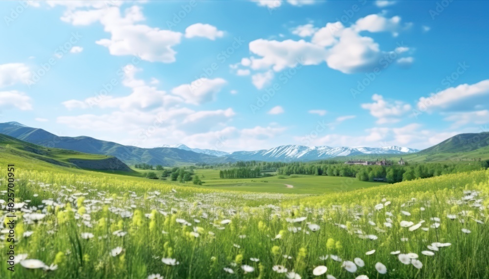 A stunning spring day landscaping views of fertile land surrounded beautiful green vegetation, wide stretches of hills and mountains with clear skies in spring A stunning spring day landscaping views of fertile land surrounded beautiful green vegetation, wide stretches of hills and mountains with clear skies in spring