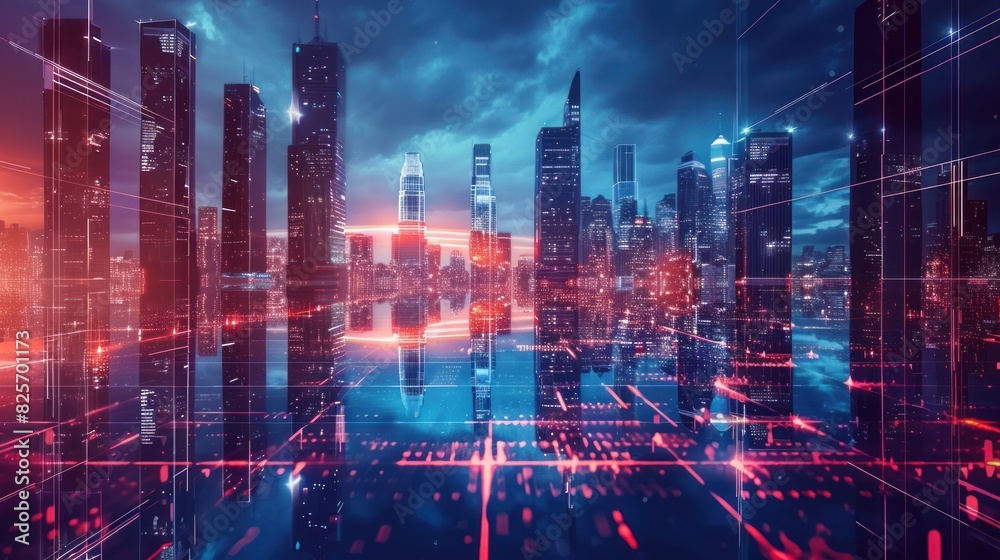 Panoramic urban architecture, cityscape with space and neon light effects. Modern hi-tech, science Panoramic urban architecture, cityscape with space and neon light effects. Modern hi-tech, science
