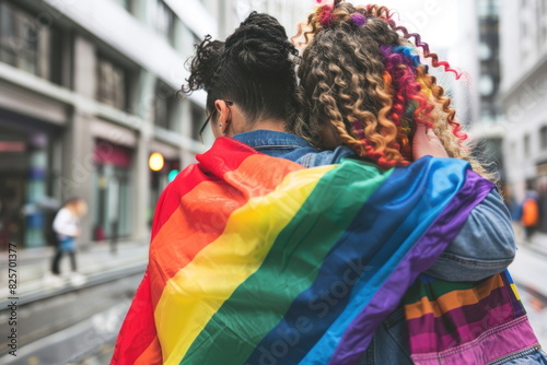 Two women hugging and LGBTQ flags covering their backs