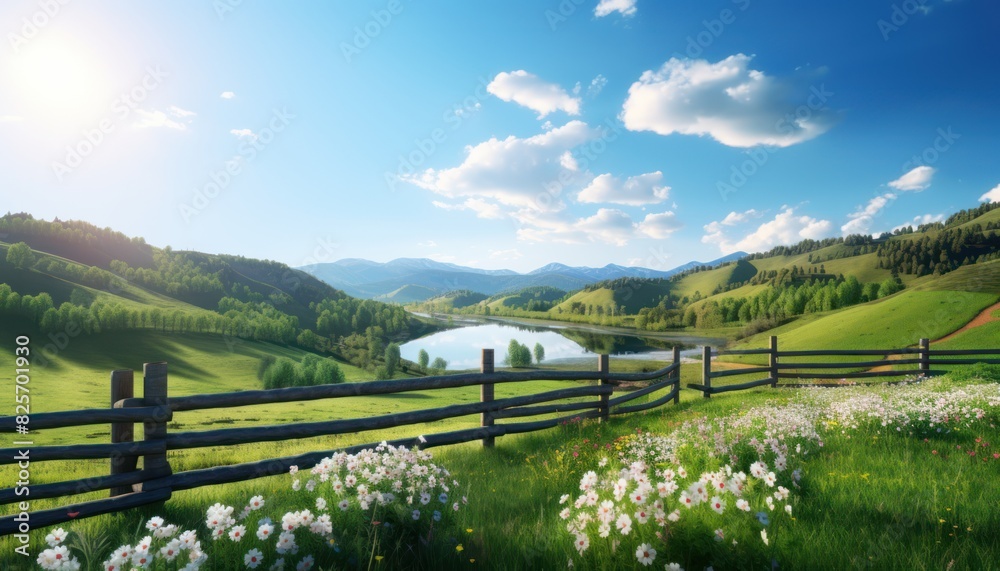 A stunning spring day landscaping views of fertile land surrounded beautiful green vegetation, wide stretches of hills and mountains with clear skies in spring A stunning spring day landscaping views of fertile land surrounded beautiful green vegetation, wide stretches of hills and mountains with clear skies in spring