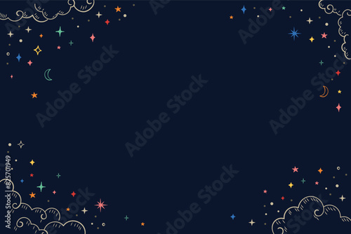 Colorful sparkle stars on dark background, beautiful night sky background frame illustration.