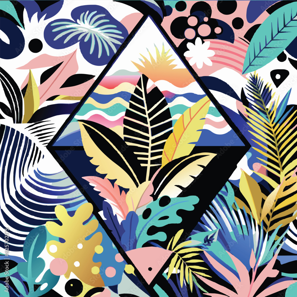 Fototapeta premium Abstract Tropical Leaf Pattern with Geometric Diamond