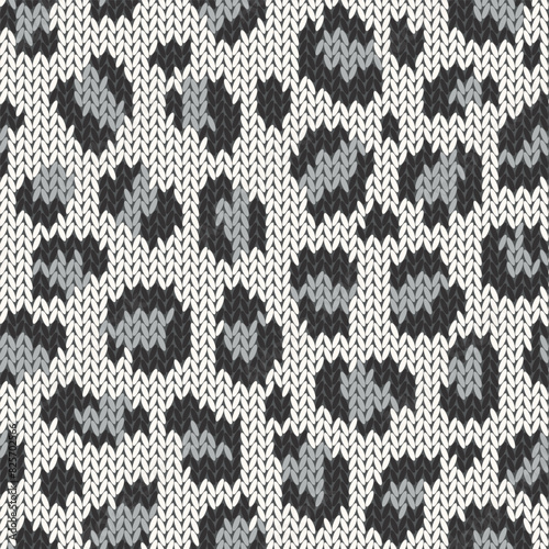 Knitted animal skin seamless pattern. Fabric imitation vector background. Flat style knit wallpaper with leopard print. Cute design for gift wrap, paper, textile