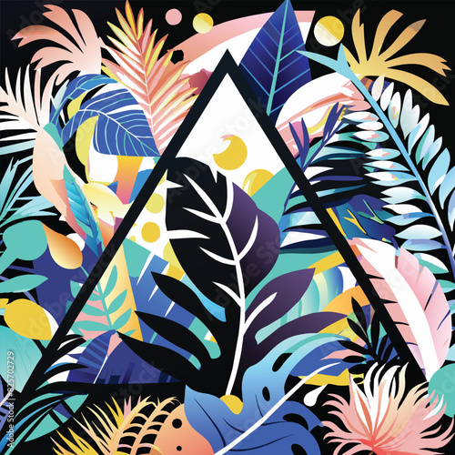 Tropical Leaf Pattern with Black Triangle Frame