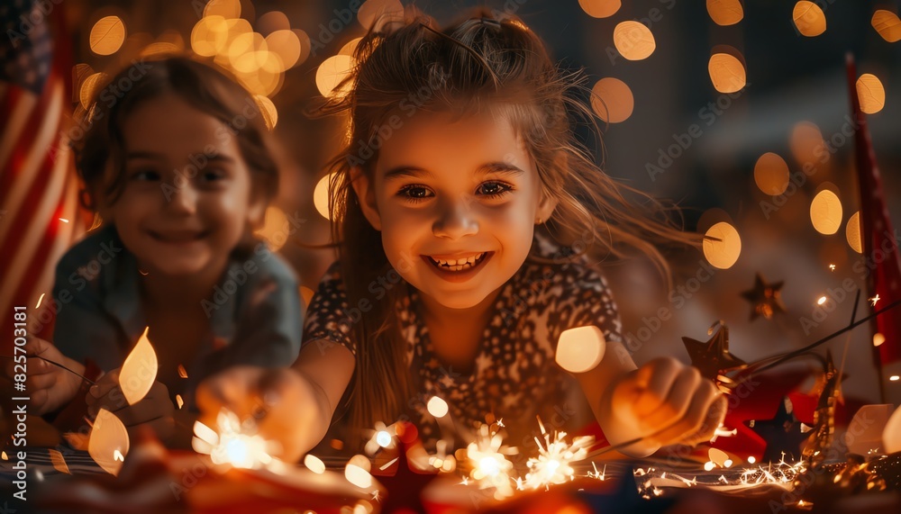 Highquality shot of children playing with sparklers, surrounded by American flags and festive decorations, perfect for holidaythemed marketing Highquality shot of children playing with sparklers, surrounded by American flags and festive decorations, perfect for holidaythemed marketing