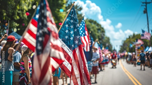 Dynamic scene of people waving American flags at a 4th of July parade, with floats and marching bands, ideal for patriotic content photo