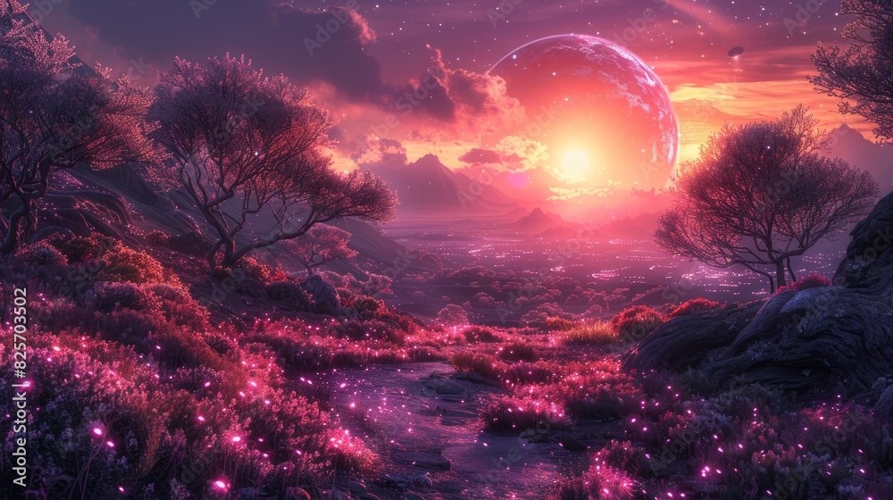 night photography, surreal neon alien planet, bioluminescent plants and glowing flowers at night scene by generative ai midjourney 6 night photography, surreal neon alien planet, bioluminescent plants and glowing flowers at night scene by generative ai midjourney 6