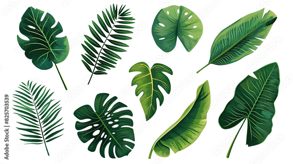 Flat Style Tropical Leaves Set Vibrant Palm Fronds Banana Monstera on Transparent Flat Style Tropical Leaves Set Vibrant Palm Fronds Banana Monstera on Transparent