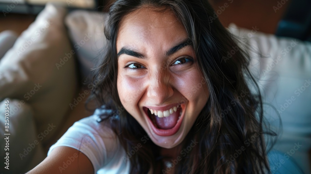 A Young Woman With Dark Hair Winked And Opened Her Mouth Wide While Shooting A Selfie, Capturing A Playful Moment, Hd Images A Young Woman With Dark Hair Winked And Opened Her Mouth Wide While Shooting A Selfie, Capturing A Playful Moment, Hd Images