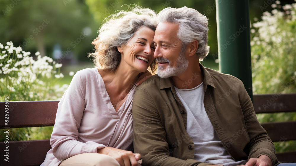 Happy senior couple sitting on a park bench, gazing at each other with love and affection, surrounded by lush greenery, enjoying a peaceful moment together
