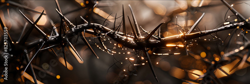 a close up of metal wires and black thorns, generative AI photo