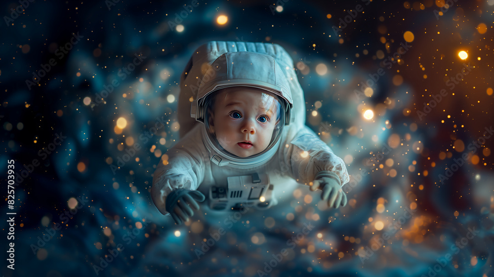 a cute baby boy, wearing an astronaut's helmet and suit, with a backdrop of dark space with stars and a soft glow a cute baby boy, wearing an astronaut's helmet and suit, with a backdrop of dark space with stars and a soft glow