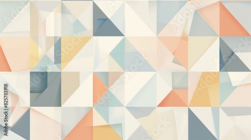 seamless pattern, overlapping geometric shapes, triangles, squares, shapes filled with soft pastel colors, clean and balanced design