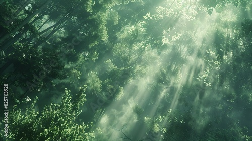 a forest of green trees with sunlight shining through the canopy, a green foggy misty atmosphere