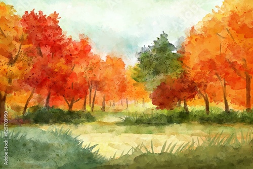 Watercolor forest landscape in Autumn and fall