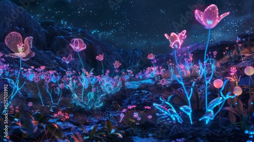 night photography, surreal neon alien planet, bioluminescent plants and glowing flowers at night scene by generative ai midjourney 6