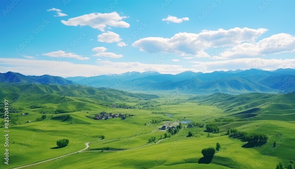 A stunning spring day landscaping views of fertile land surrounded beautiful green vegetation, wide stretches of hills and mountains with clear skies in spring