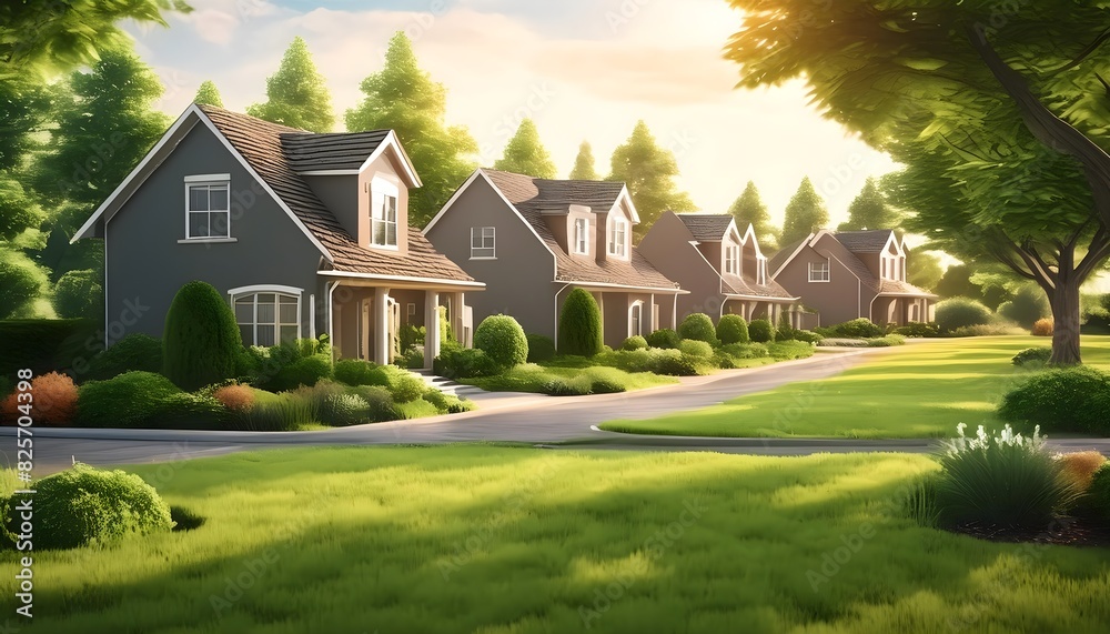 a classic suburban neighborhood with perfectly groomed lawns and beautiful residential homes. a classic suburban neighborhood with perfectly groomed lawns and beautiful residential homes.