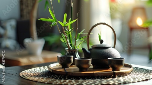 Traditional tea ceremony with a tray holding a black teapot and cups adorned with bamboo leaves