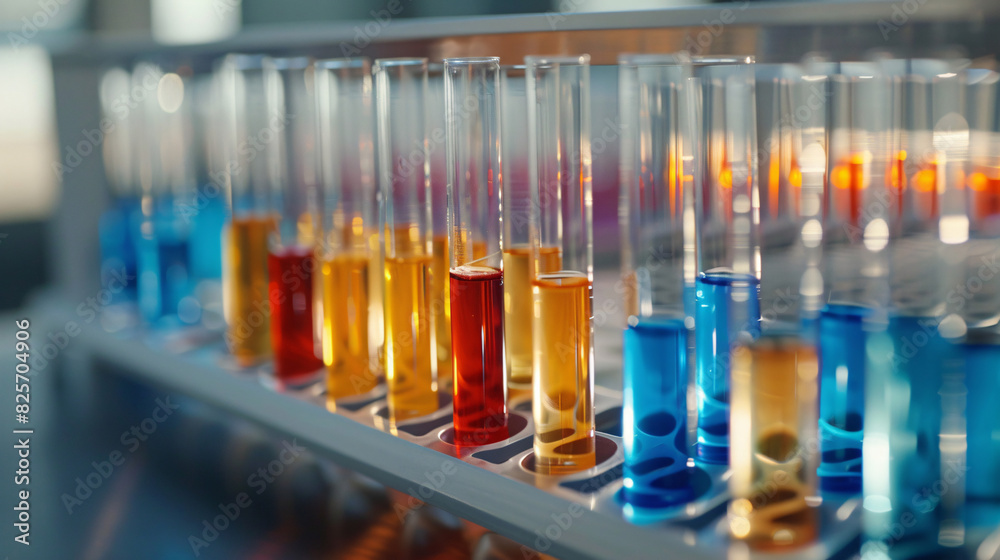 Close-up of test tubes with different colored liquids in a rack Close-up of test tubes with different colored liquids in a rack