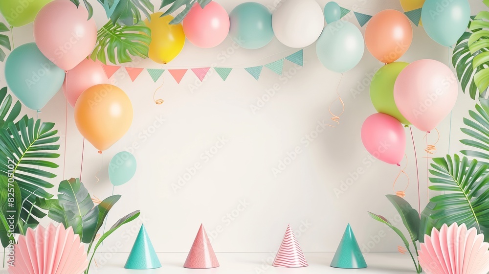colorful balloons decoration at the corners of the white background with text copy space in the middle
 Circular Border of Balloons and Bushes Framing Text Space