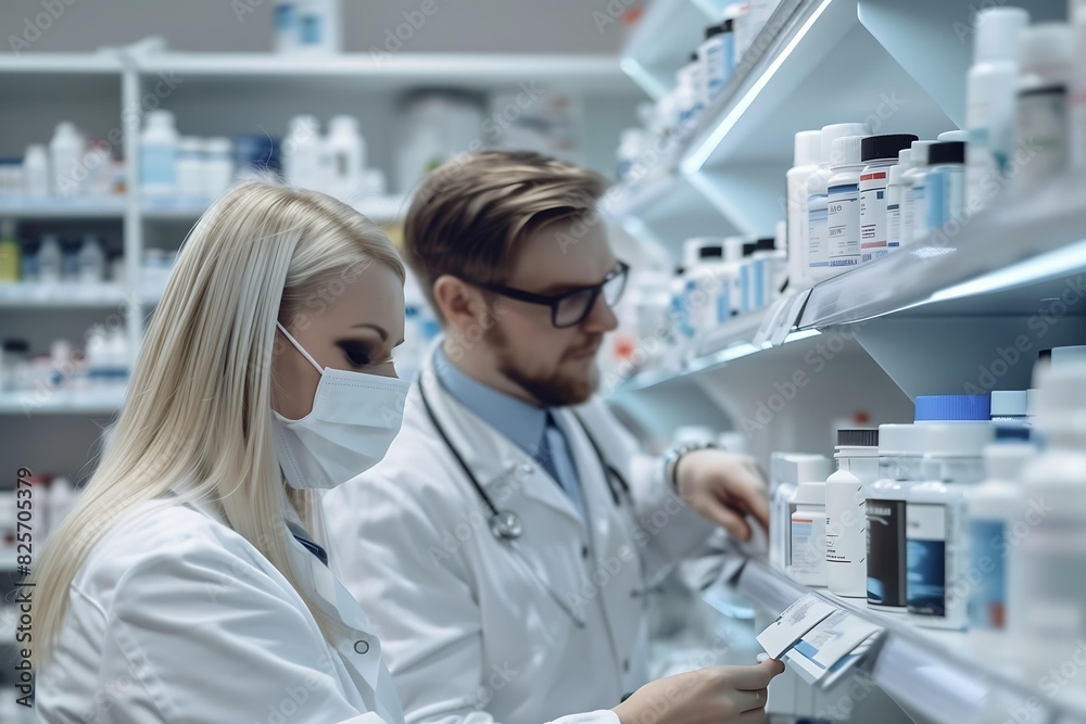 Pharmacists in Protective Masks Organizing Medication in Modern Pharmacy with Focus on Shelves Pharmacists in Protective Masks Organizing Medication in Modern Pharmacy with Focus on Shelves