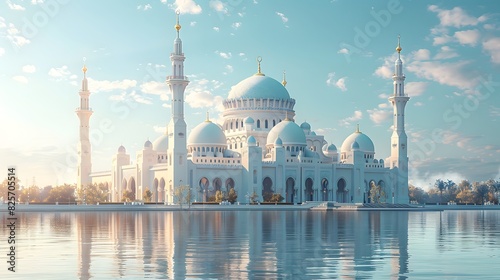 An artistic depiction of a mosque with its intricate architecture and minarets, set against a clear blue sky. List of Art Media Photograph inspired by Spring magazine photo