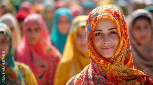 A vibrant street scene during Eid al-Fitr, with people dressed in colorful traditional clothing, exchanging greetings and gifts. List of Art Media Photograph inspired by Spring magazine photo